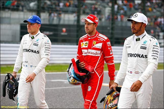 Валттери Боттас, Себастьян Феттель и Льюис Хэмилтон