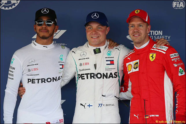 Льюис Хэмилтон, Валттери Боттас и Себастьян Феттель