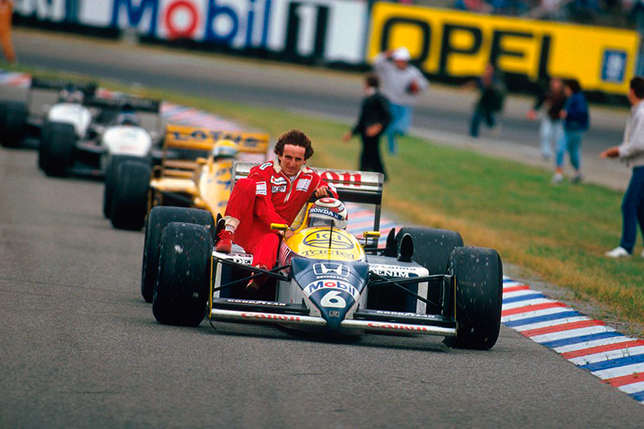 Нельсон Пике подвозит Алена Проста до боксов после финиша Гран При Германии 1986 года