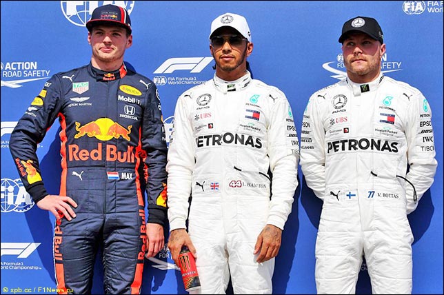 Макс Ферстаппен, Льюис Хэмилтон и Валттери Боттас