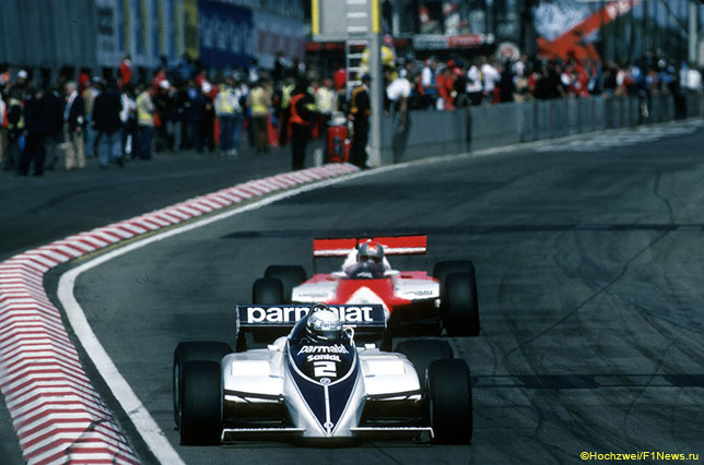 Риккардо Патрезе за рулём Brabham-BMW на трассе в Зольдере, Гран При Бельгии 1982 года