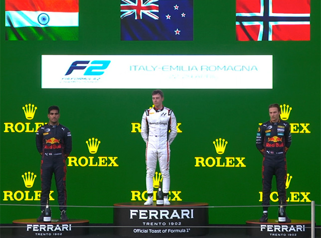 Маркус Армстронг, Джехан Дарувала и Деннис Хаугер на подиуме в Имоле