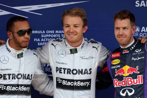 Гран При Испании. (слева направо) Льюис Хэмилтон, Нико Росберг, Себастьян Феттель