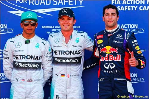 Льюис Хэмилтон, Нико Росберг и Даниэль Риккардо