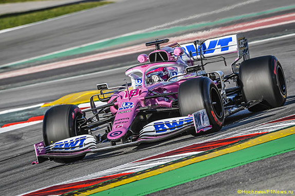 Лэнс Стролл за рулём RP20 на тестах в Барселоне