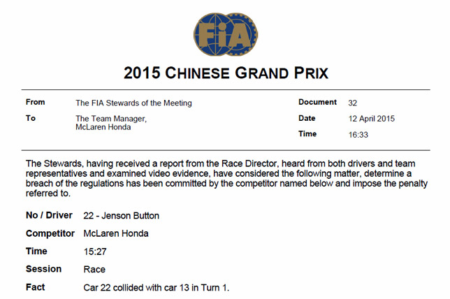 Решение стюардов о наказании Дженсона Баттона