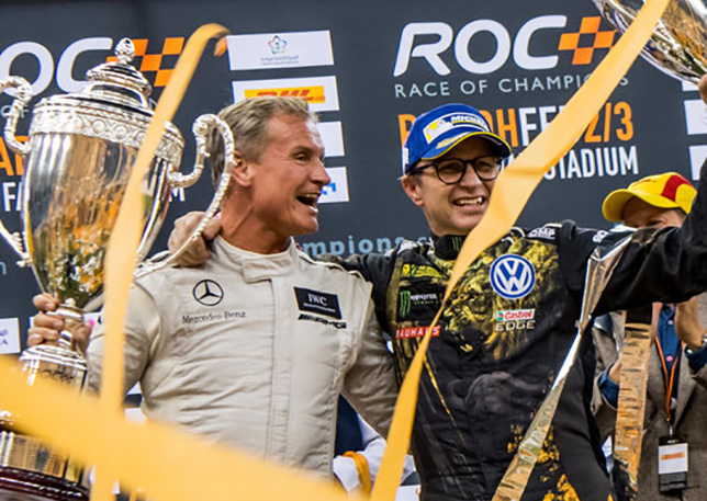 Дэвид Култхард и Петтер Сольберг на церемонии награждения после Гонки чемпионов