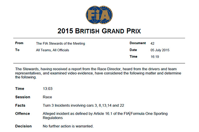 Решение стюардов Гран При Великобритании по поводу серии аварий на первом круге