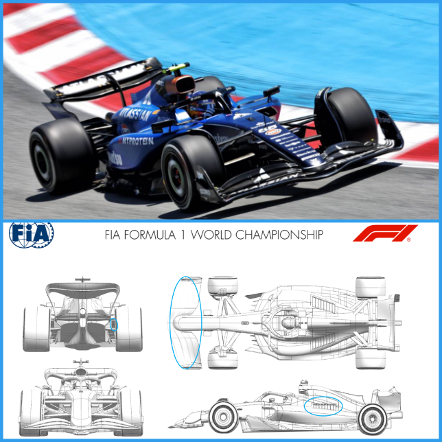Машина Williams на трассе в Барселоне и модернизированые области, о которых команда сообщила FIA