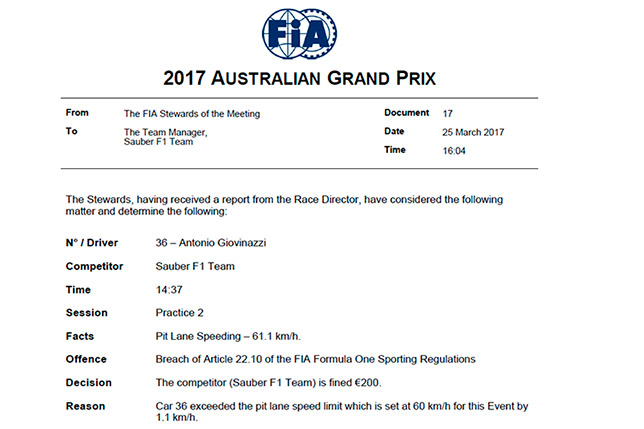 Решение стюардов о наказании Sauber