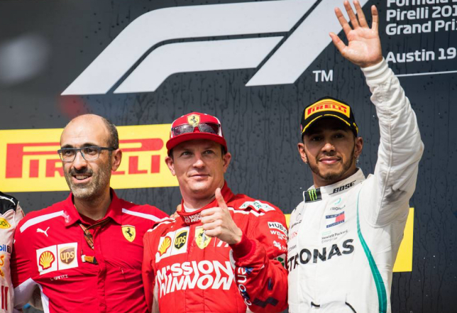 Карло Санти, Кими Райкконен и Льюис Хэмилтон на подиуме в Остине, 2018 год, фото XPB