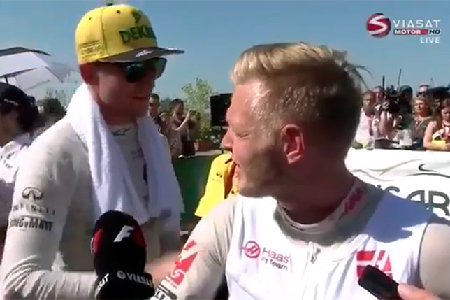 Скриншот видеозаписи стычки между Хюлкенбергом и Магнуссеном