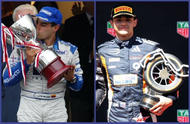Хуан-Пабло Монтойя после победы в Монако в 2003-м и его сын на подиуме в 2025-м