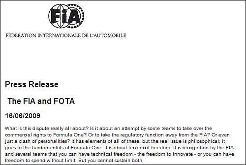 Заявление FIA