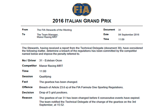 Решение стюардов о наказании Эстебана Окона