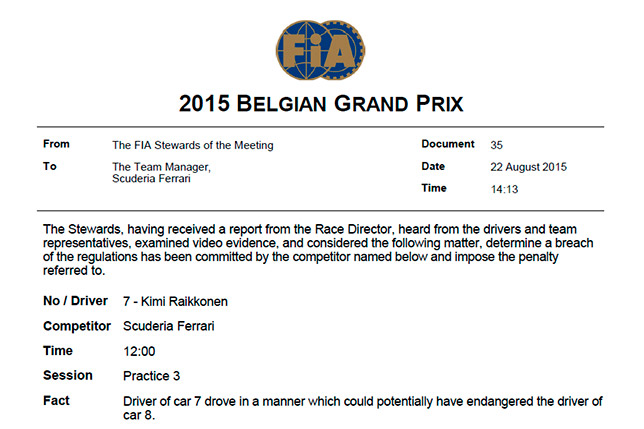 Решение стюардов о предупреждении Кими Райкконена