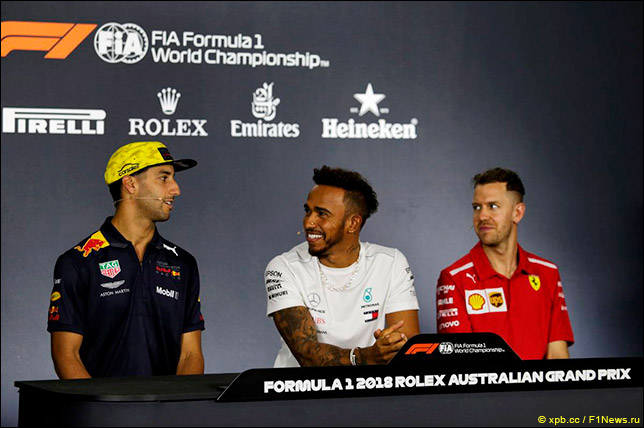 Даниэль Риккардо, Льюис Хэмилтон и Себастьян Феттель